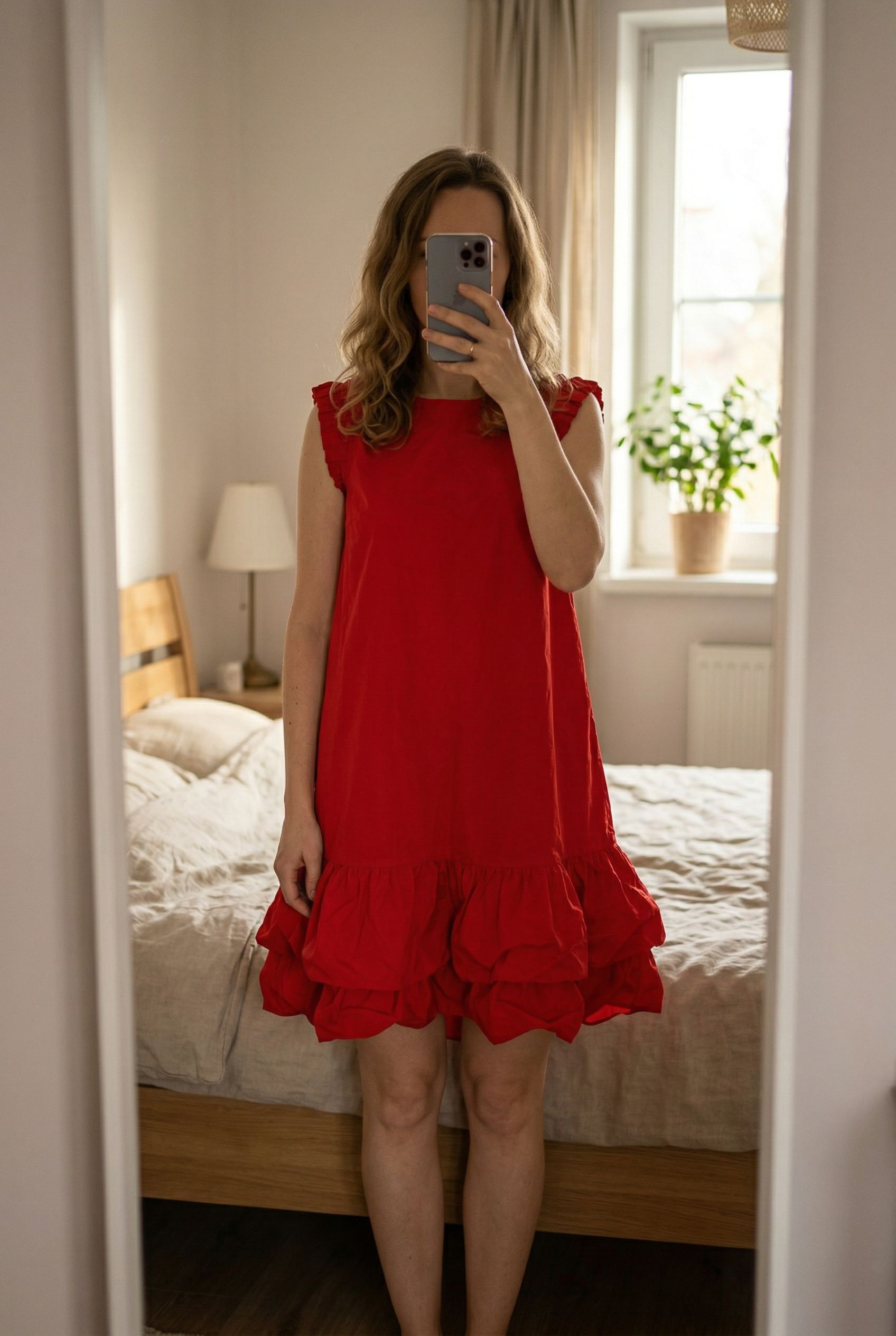 Vestido vermelho de Verão em pé, de frente para a câmera, em um quarto com iluminação suave e luz natural filtrando pela janela.