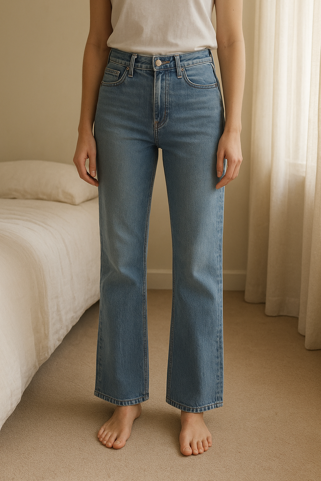 Jean bleu Zara debout, face à la caméra, dans une chambre à la lumière douce, avec une lumière naturelle filtrant par la fenêtre.