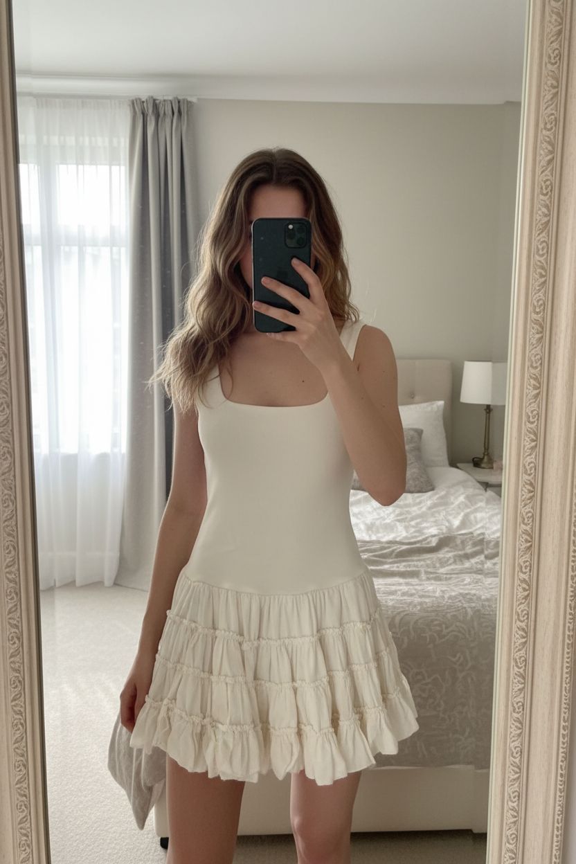 Robe d'été Zara crème debout, face à la caméra, dans une chambre à la lumière douce, avec une lumière naturelle filtrant par la fenêtre.
