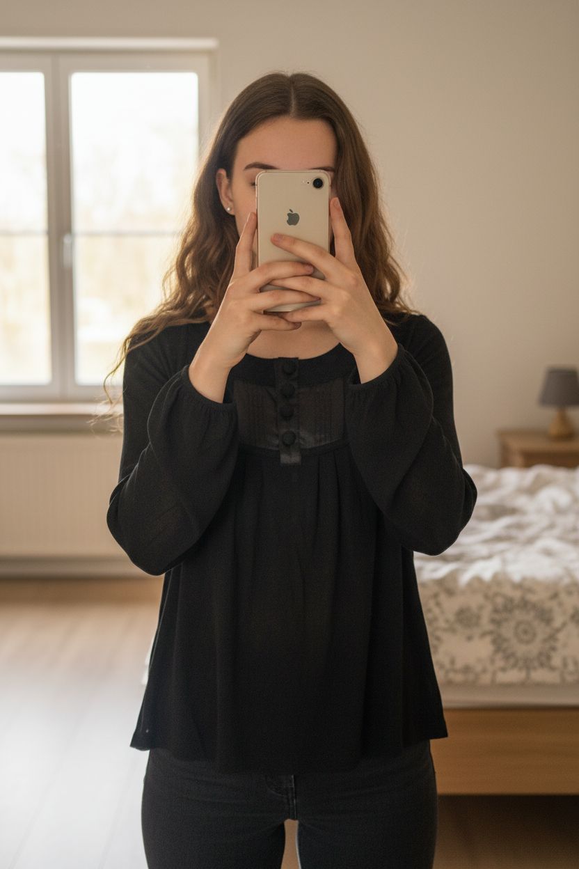 Blouse légère bi matière taille 38 debout, face à la caméra, dans une chambre à la lumière douce, avec une lumière naturelle filtrant par la fenêtre.
