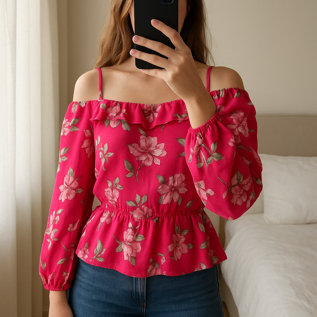 H&M pink virágos blúz standing straight facing the camera, in a softly lit bedroom setting, with gentle natural light filtering through a window.