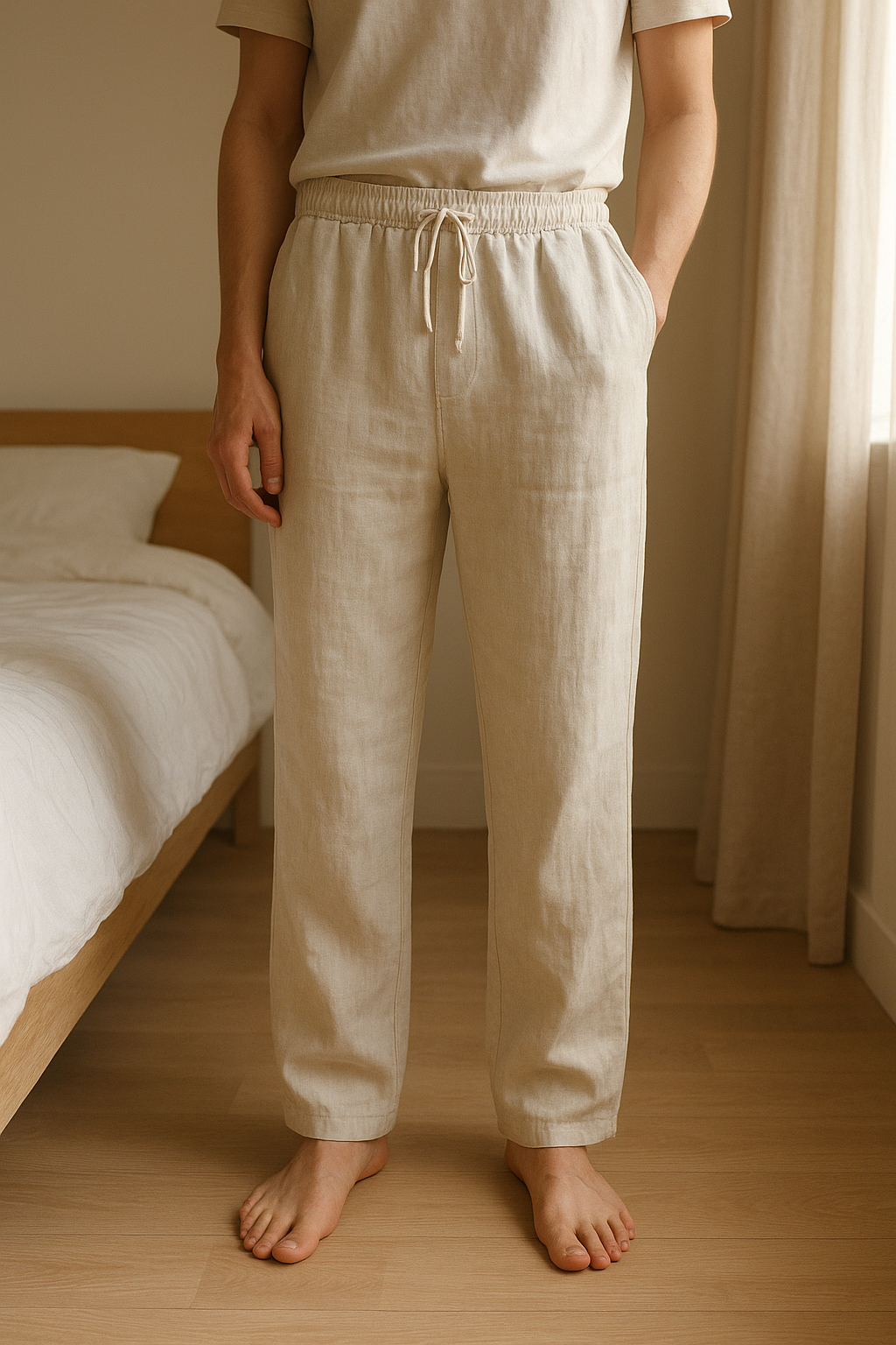 Pantalon 100% lin beige crème neuf Léa & Luc debout, face à la caméra, dans une chambre à la lumière douce, avec une lumière naturelle filtrant par la fenêtre.