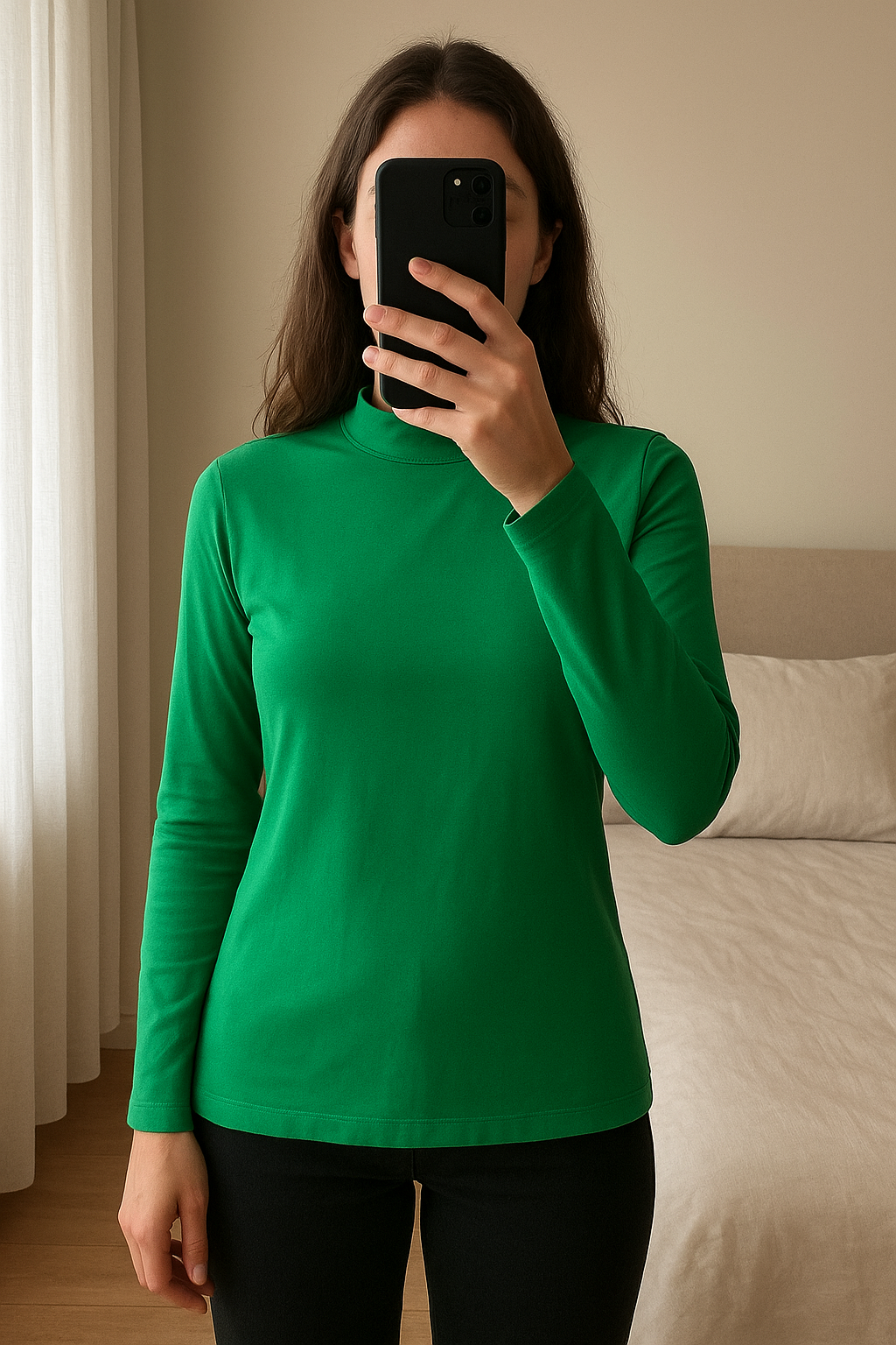 Winters groen - blouse driadonna - maat 40 - goed standing straight facing the camera, in a softly lit bedroom setting, with gentle natural light filtering through a window.