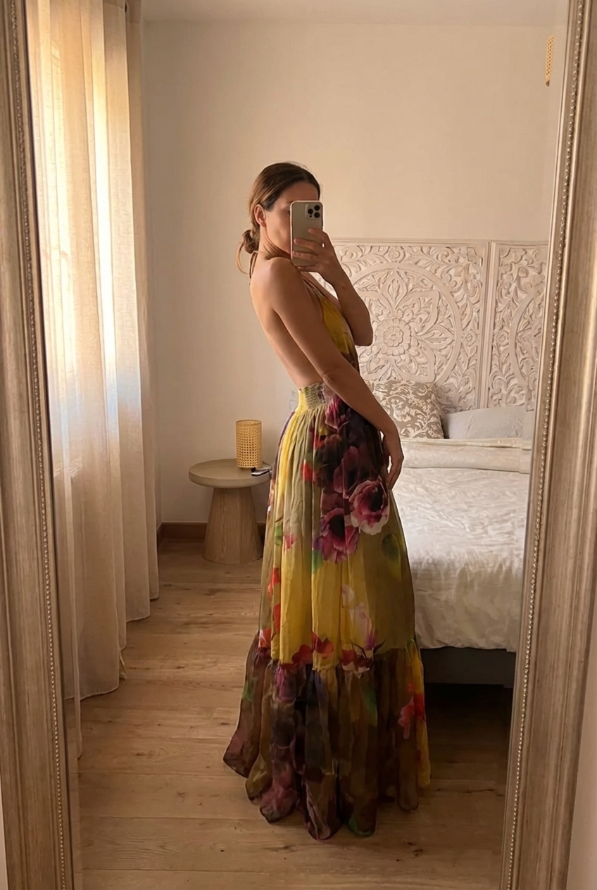 Une personne en Robe longue Class Roberto Cavalli – soie, imprimé fleuri cambrant légèrement le dos pour une pose dynamique, avec une silhouette fine, dans une chambre à la lumière douce, avec une lumière naturelle filtrant par la fenêtre.