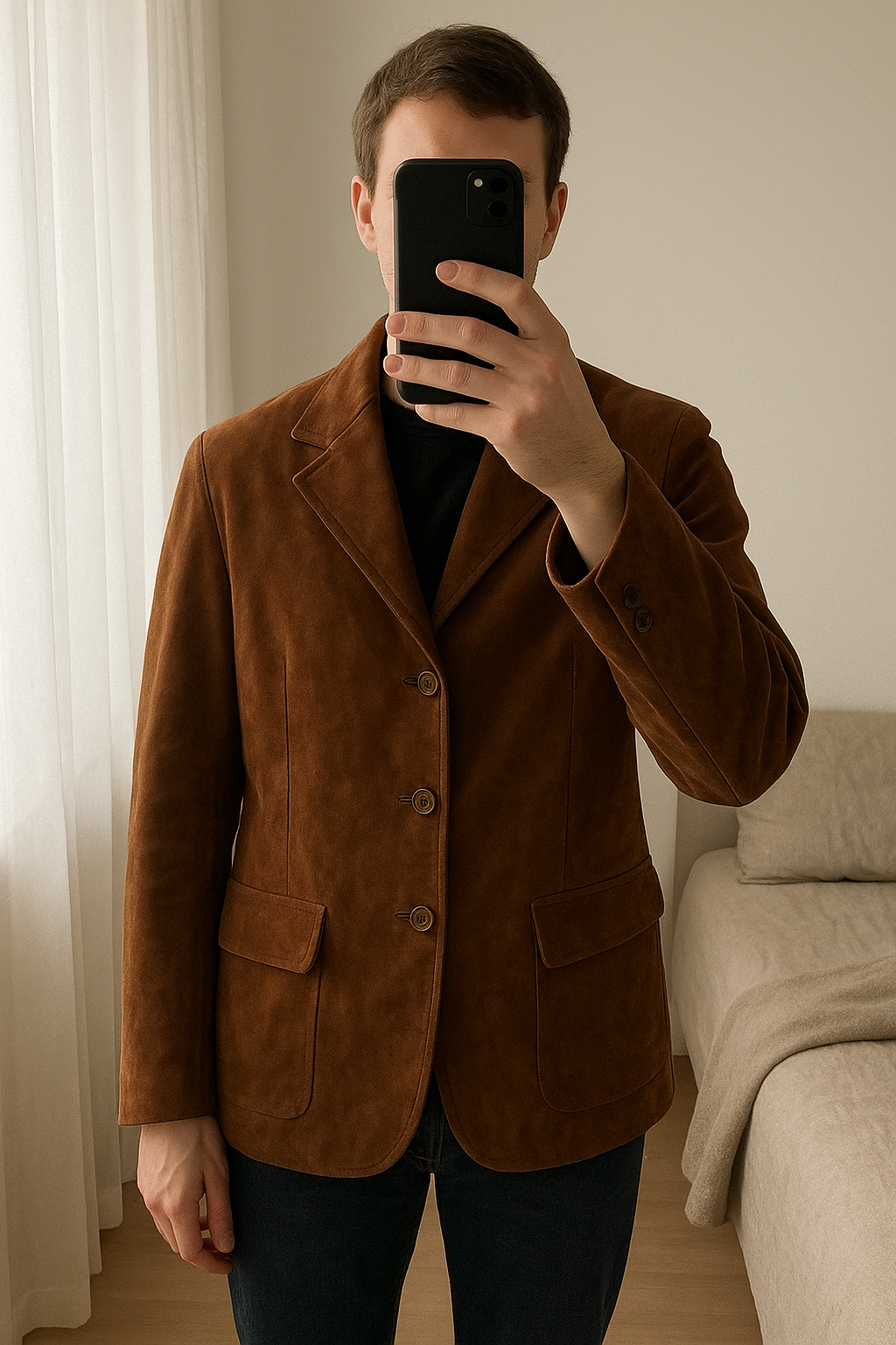 Blazer Oversize vera pelle Scamosciata COMAR - Marrone Cuoio - Vintage '70s in piedi, rivolto verso la fotocamera, in una camera da letto con luce soffusa e luce naturale che filtra dalla finestra.