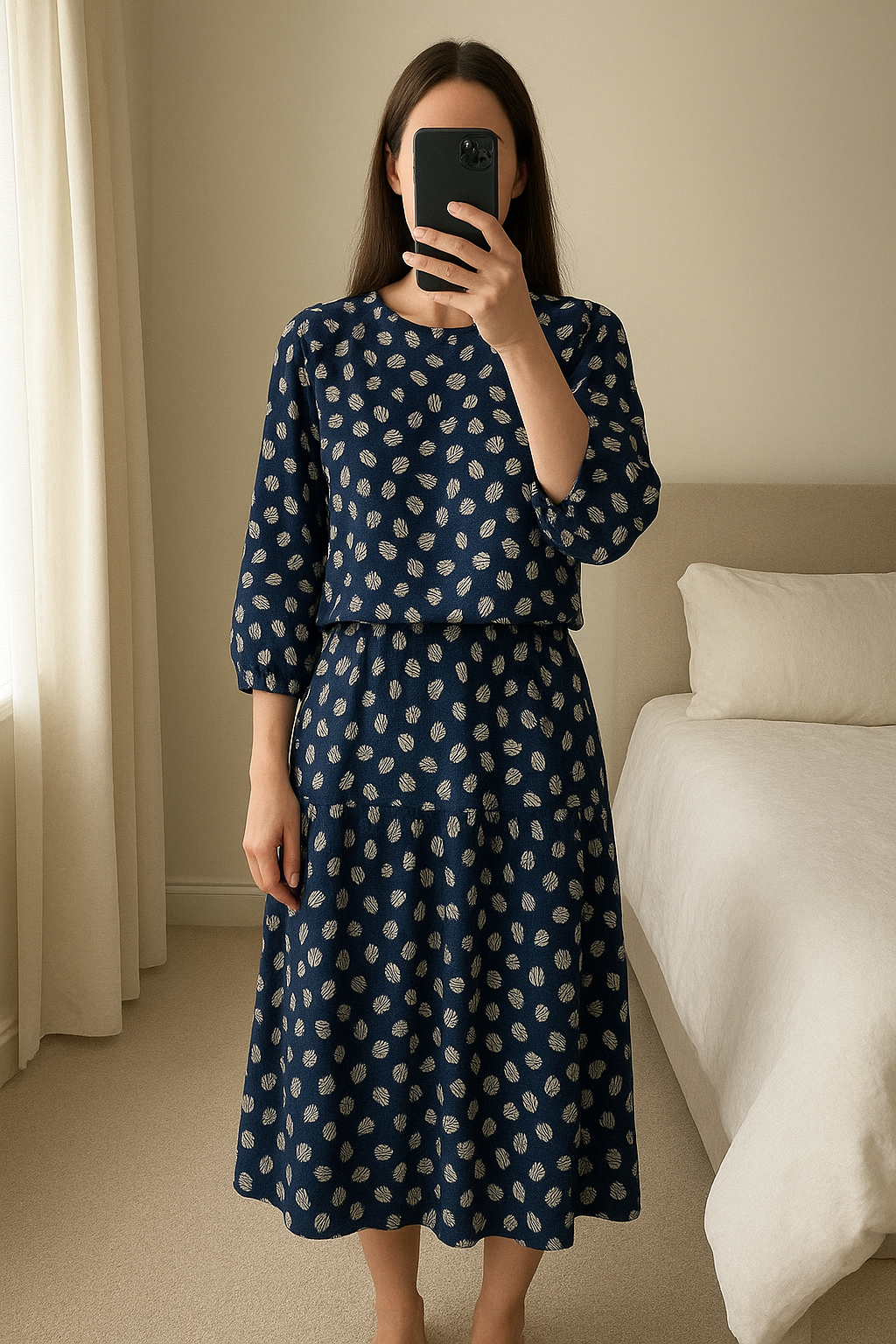 Silky outfit standing straight facing the camera, in a softly lit bedroom setting, with gentle natural light filtering through a window.