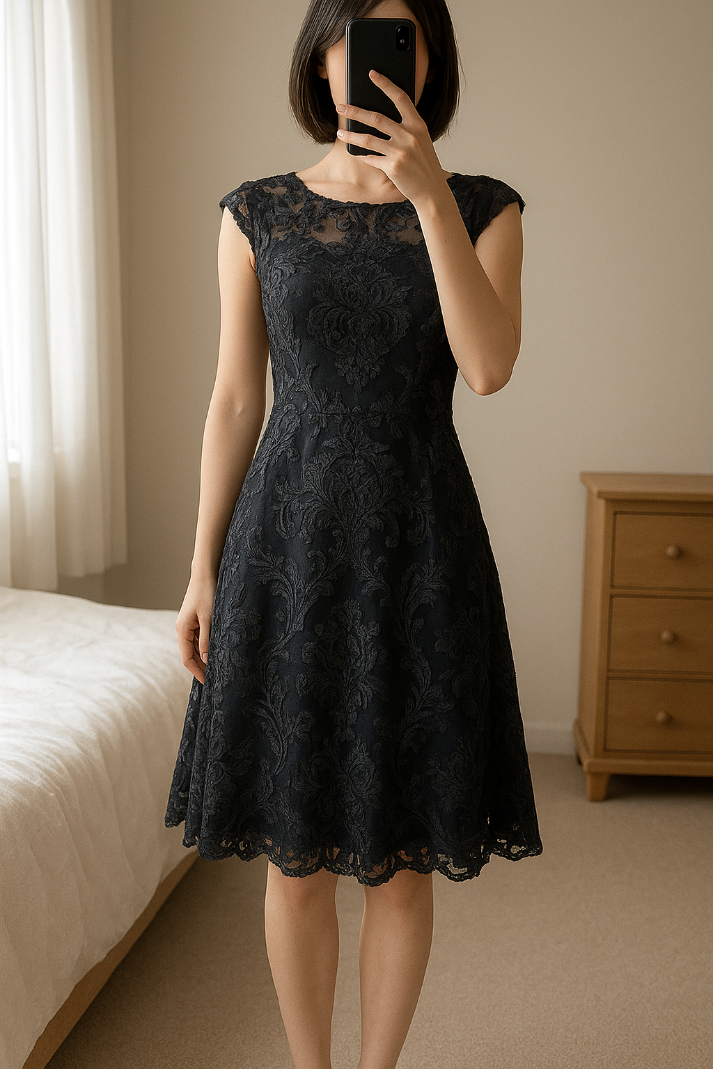 Robe Dentelle, Velours et fil doré LolaLiza - Taille 38/M debout, face à la caméra, dans une chambre à la lumière douce, avec une lumière naturelle filtrant par la fenêtre.