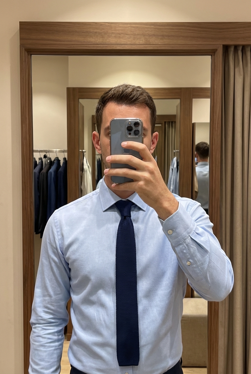 Una persona in Cravatta da uomo Pierre Cardin – blu in maglia (knit) in piedi, rivolto verso la fotocamera, in un camerino in stile boutique con specchio e decorazioni neutre.