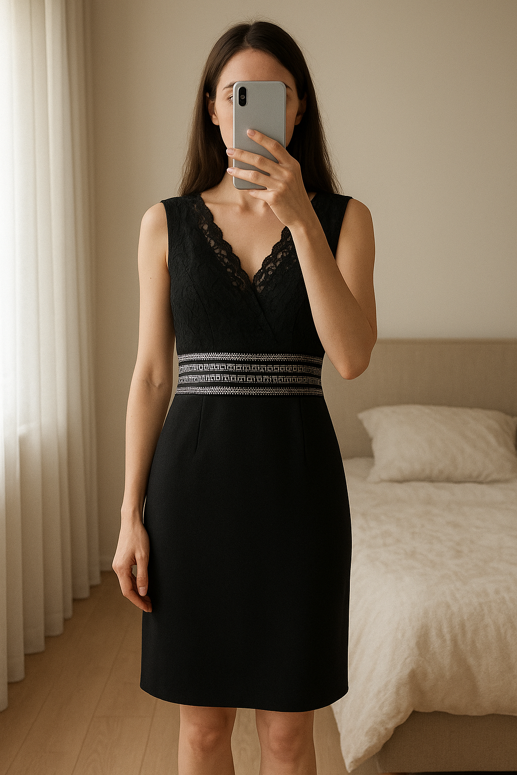 Robe noire dentelle debout, face à la caméra, dans une chambre à la lumière douce, avec une lumière naturelle filtrant par la fenêtre.