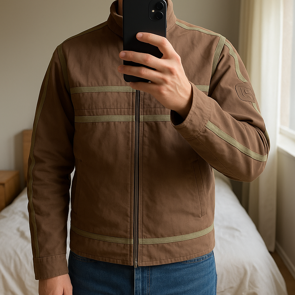 Veste Vintage Chevignon 🟤 debout, face à la caméra, dans une chambre à la lumière douce, avec une lumière naturelle filtrant par la fenêtre.
