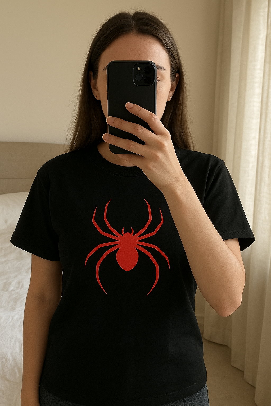 Crop top shein debout, face à la caméra, dans une chambre à la lumière douce, avec une lumière naturelle filtrant par la fenêtre.