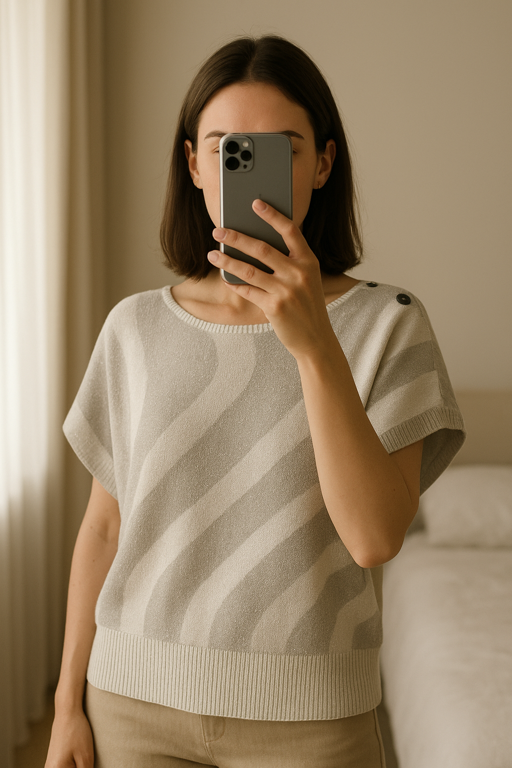 Marble grey & white sparkly batwing top size 1 and fits a 12 standing straight facing the camera, in a softly lit bedroom setting, with gentle natural light filtering through a window.