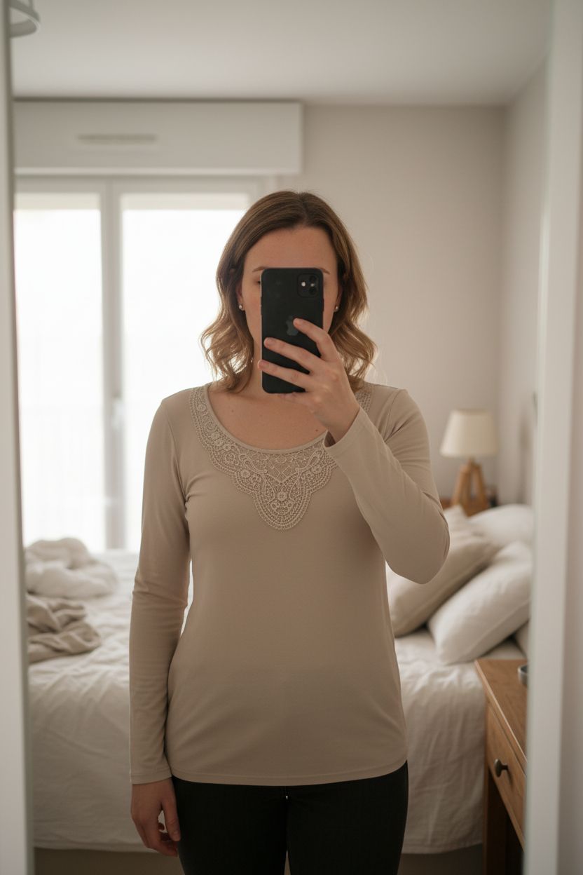 Une personne en Haut beige col dentelle debout, face à la caméra, avec une silhouette légèrement plus ronde, dans une chambre à la lumière douce, avec une lumière naturelle filtrant par la fenêtre.