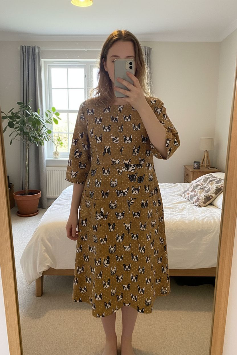 Handmade French Bulldog Print Midi Dress UK 14 Brown Polka Dot Casual Dog Lover standing straight facing the camera, in a softly lit bedroom setting, with gentle natural light filtering through a window.