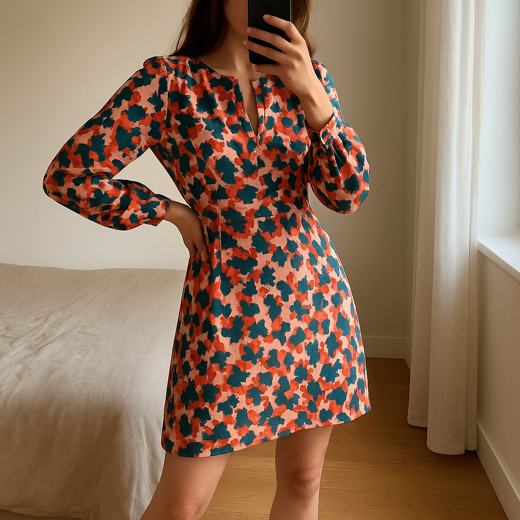 Una persona in Robe femme 34 - Abito Donna 34 inarcando leggermente la schiena per una posa dinamica, in una camera da letto con luce soffusa e luce naturale che filtra dalla finestra.