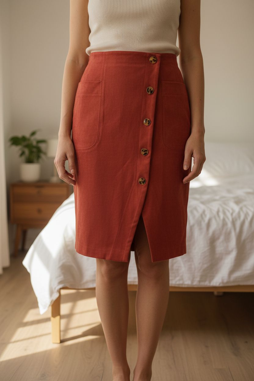 Jupe velours ras debout, face à la caméra, dans une chambre à la lumière douce, avec une lumière naturelle filtrant par la fenêtre.