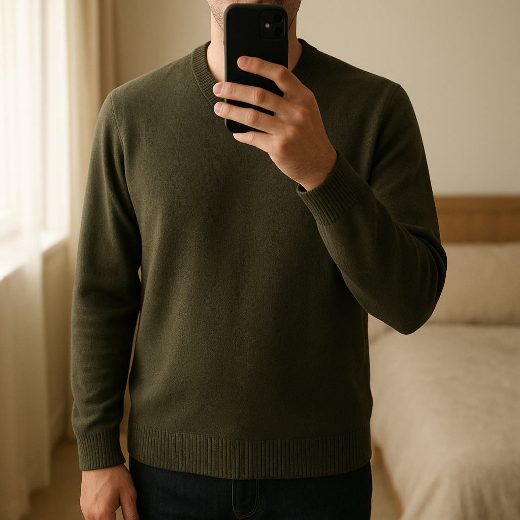 Autograph Men's Dark Olive Green V Neck Jumper Sweater - Medium standing straight facing the camera, in a softly lit bedroom setting, with gentle natural light filtering through a window.