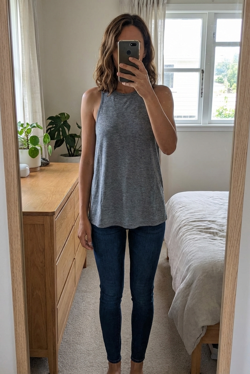 Eine Person in Cooles sportliches Kleid | Gr. 34 aufrecht stehend, der Kamera zugewandt, mit schlanker Figur, in einem sanft beleuchteten Schlafzimmer, mit natürlichem Licht, das durch ein Fenster fällt.