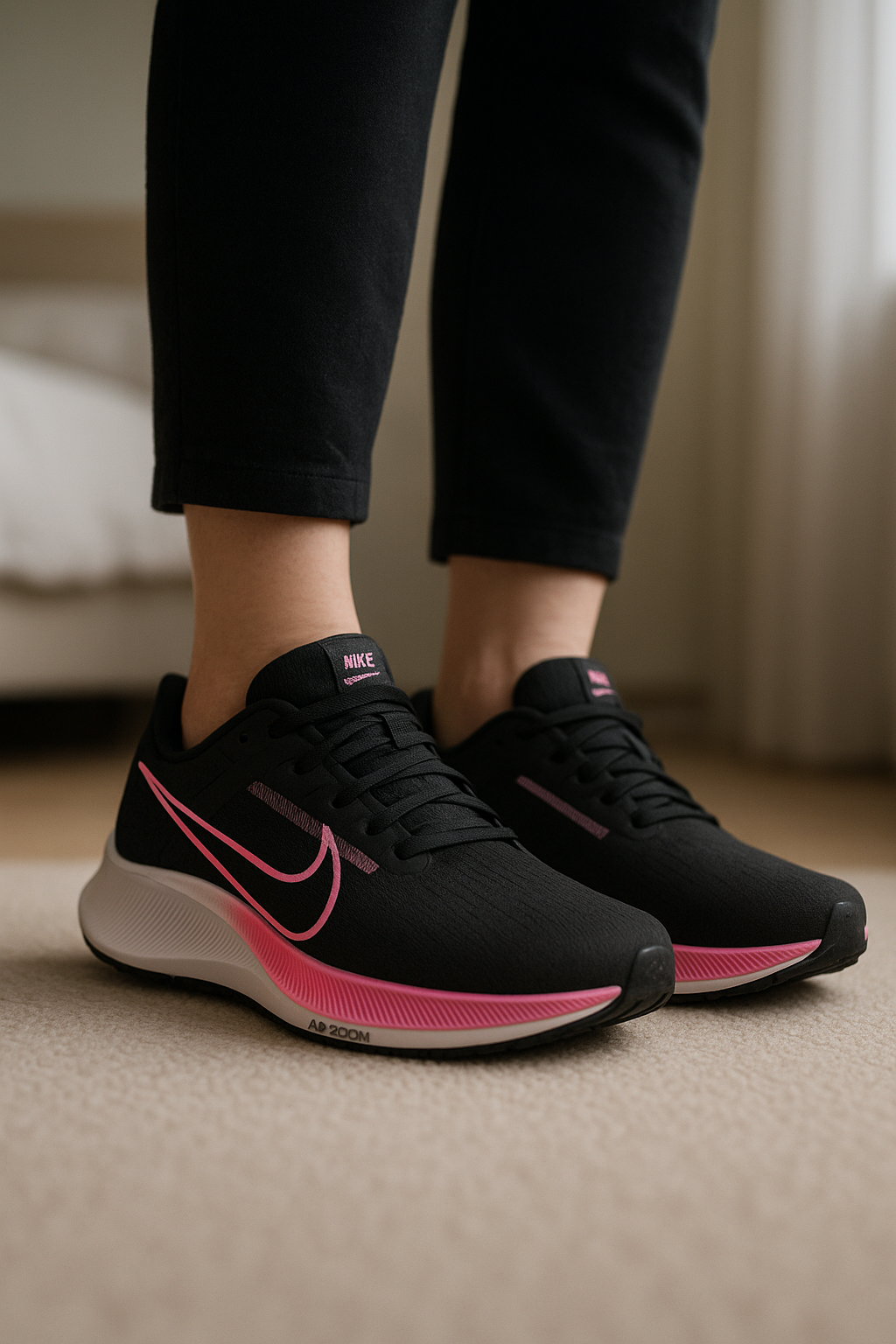 Nike air zoom pegasus 38 debout, face à la caméra, dans une chambre à la lumière douce, avec une lumière naturelle filtrant par la fenêtre.
