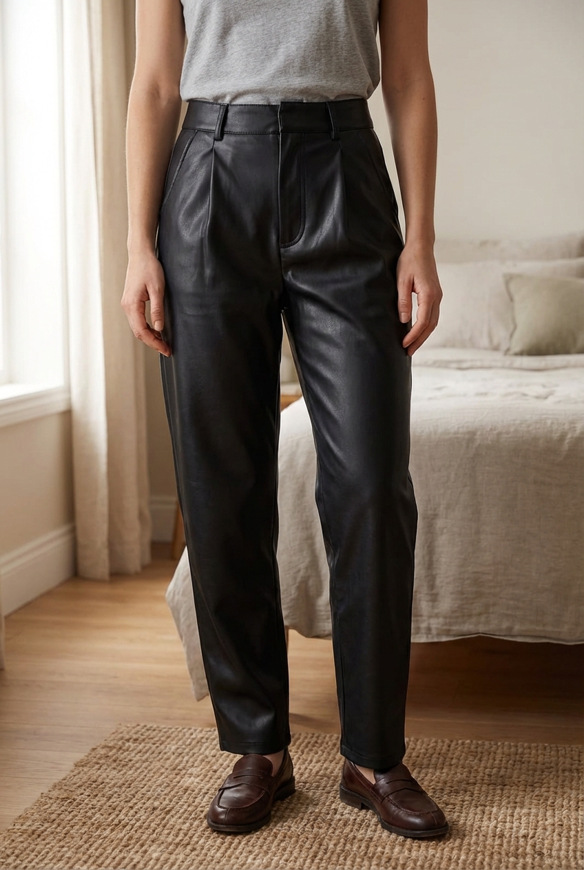 Pantalon Zara de pie, mirando a la cámara, en un dormitorio con luz suave y natural filtrándose por la ventana.