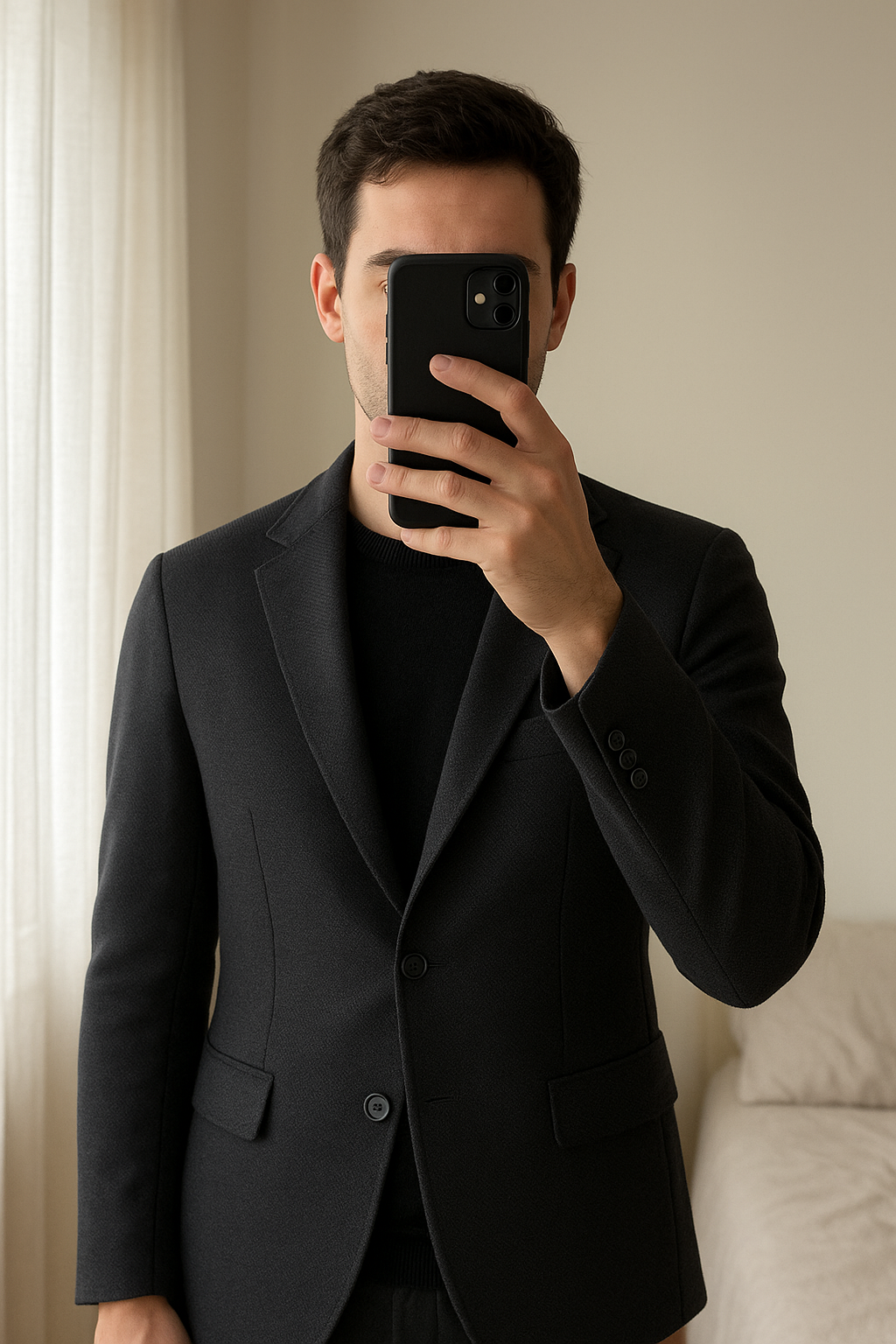 Blazer veste Jack & Jones premium 52 bleue debout, face à la caméra, dans une chambre à la lumière douce, avec une lumière naturelle filtrant par la fenêtre.