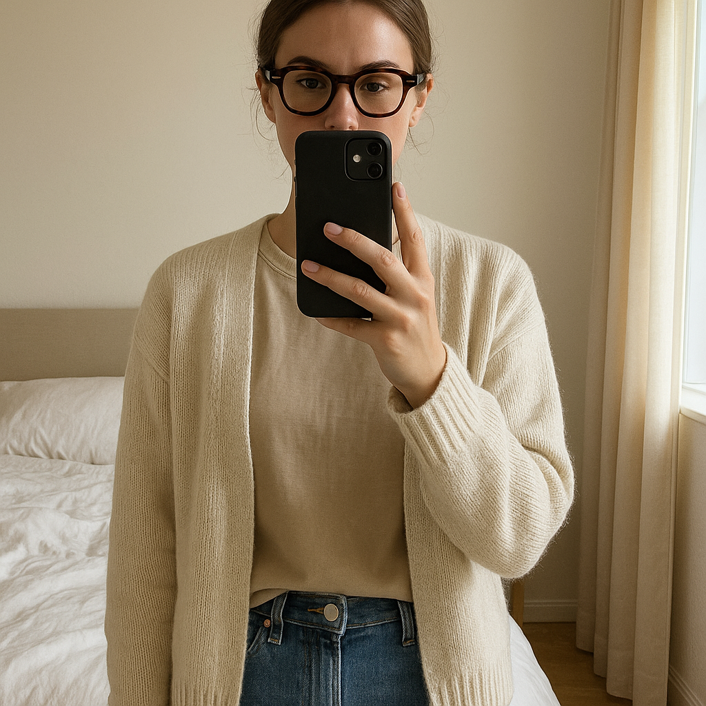 Lunettes anti bleue debout, face à la caméra, dans une chambre à la lumière douce, avec une lumière naturelle filtrant par la fenêtre.