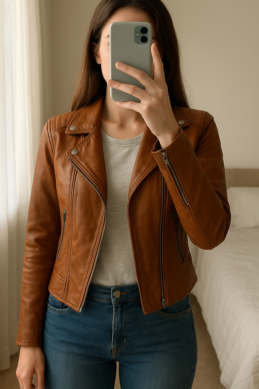 Veste semi cuir marron 🍫 taille S debout, face à la caméra, dans une chambre à la lumière douce, avec une lumière naturelle filtrant par la fenêtre.