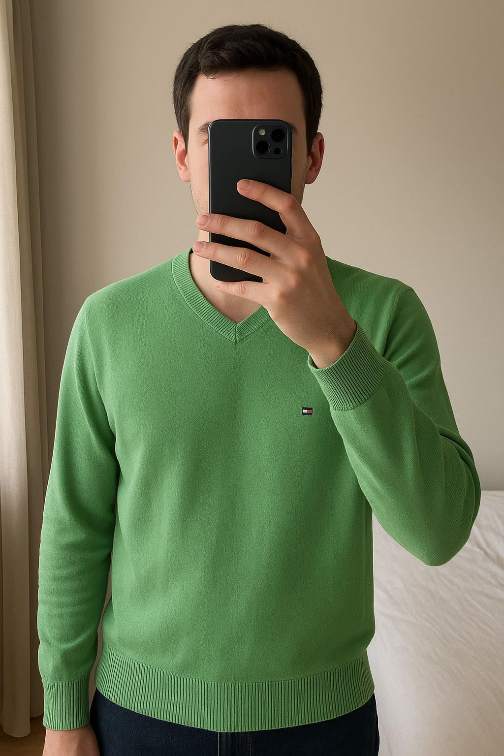 Pull Tommy Hilfiger – Homme – M – Vert debout, face à la caméra, dans une chambre à la lumière douce, avec une lumière naturelle filtrant par la fenêtre.
