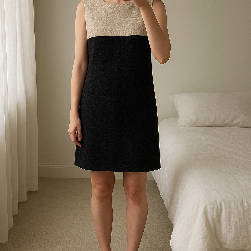 Sleeveless dress UK XL Mango standing straight facing the camera, in a softly lit bedroom setting, with gentle natural light filtering through a window.