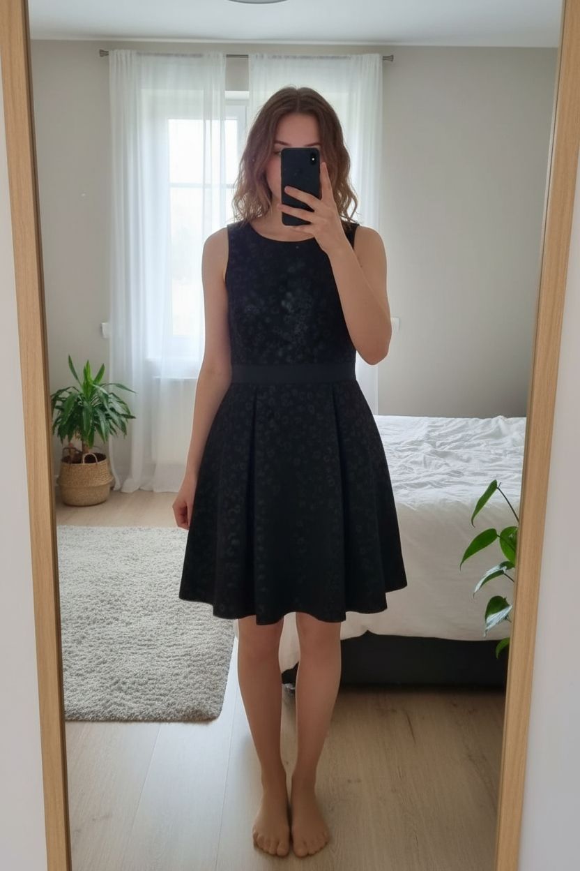 Robe noire femme 38 pimki debout, face à la caméra, dans une chambre à la lumière douce, avec une lumière naturelle filtrant par la fenêtre.