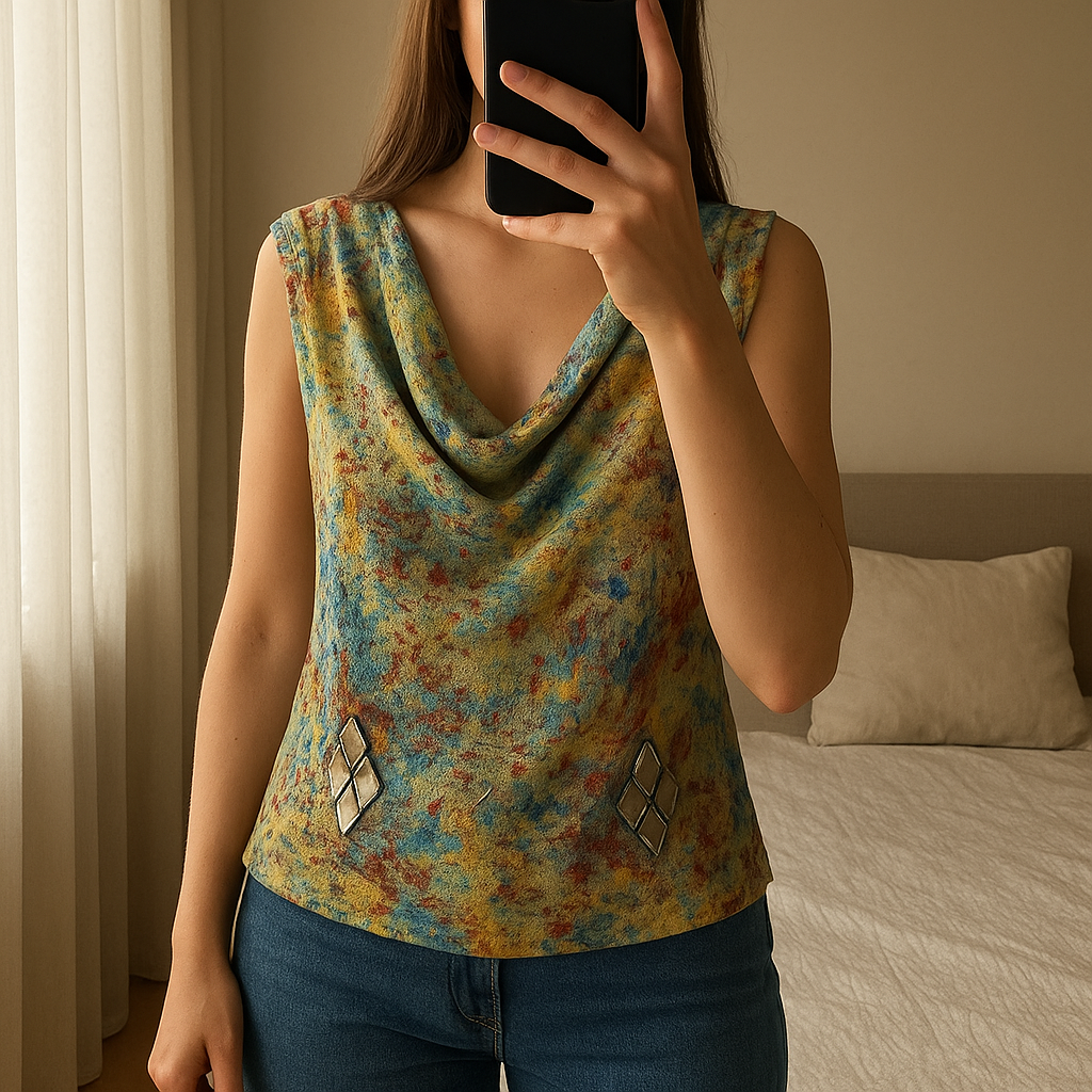 Crop top Zara T36 debout, face à la caméra, dans une chambre à la lumière douce, avec une lumière naturelle filtrant par la fenêtre.