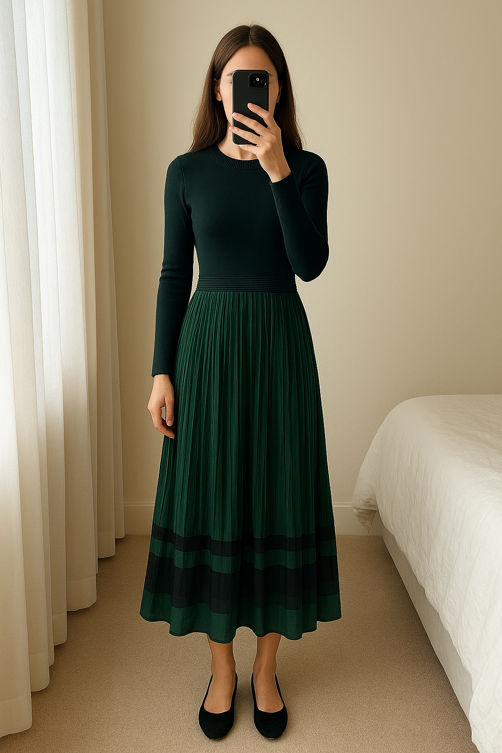 Ted Baker Black & Emerald Green Pleated Midi Dress – Size 2 (UK 10) standing straight facing the camera, in a softly lit bedroom setting, with gentle natural light filtering through a window.