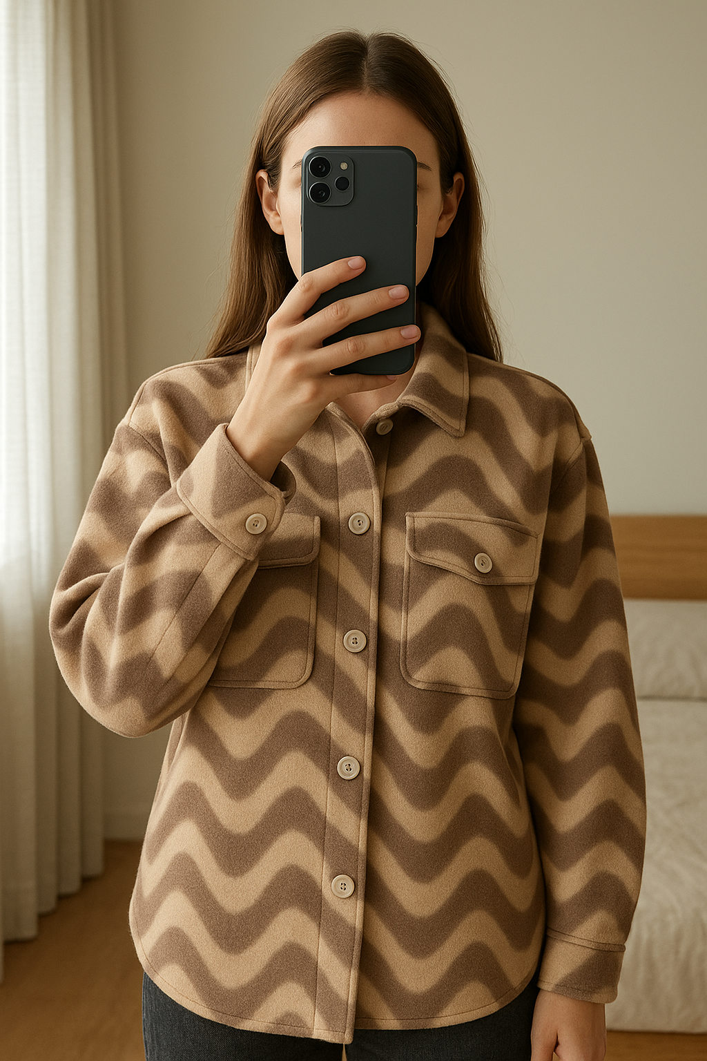 kurtka standing straight facing the camera, in a softly lit bedroom setting, with gentle natural light filtering through a window.