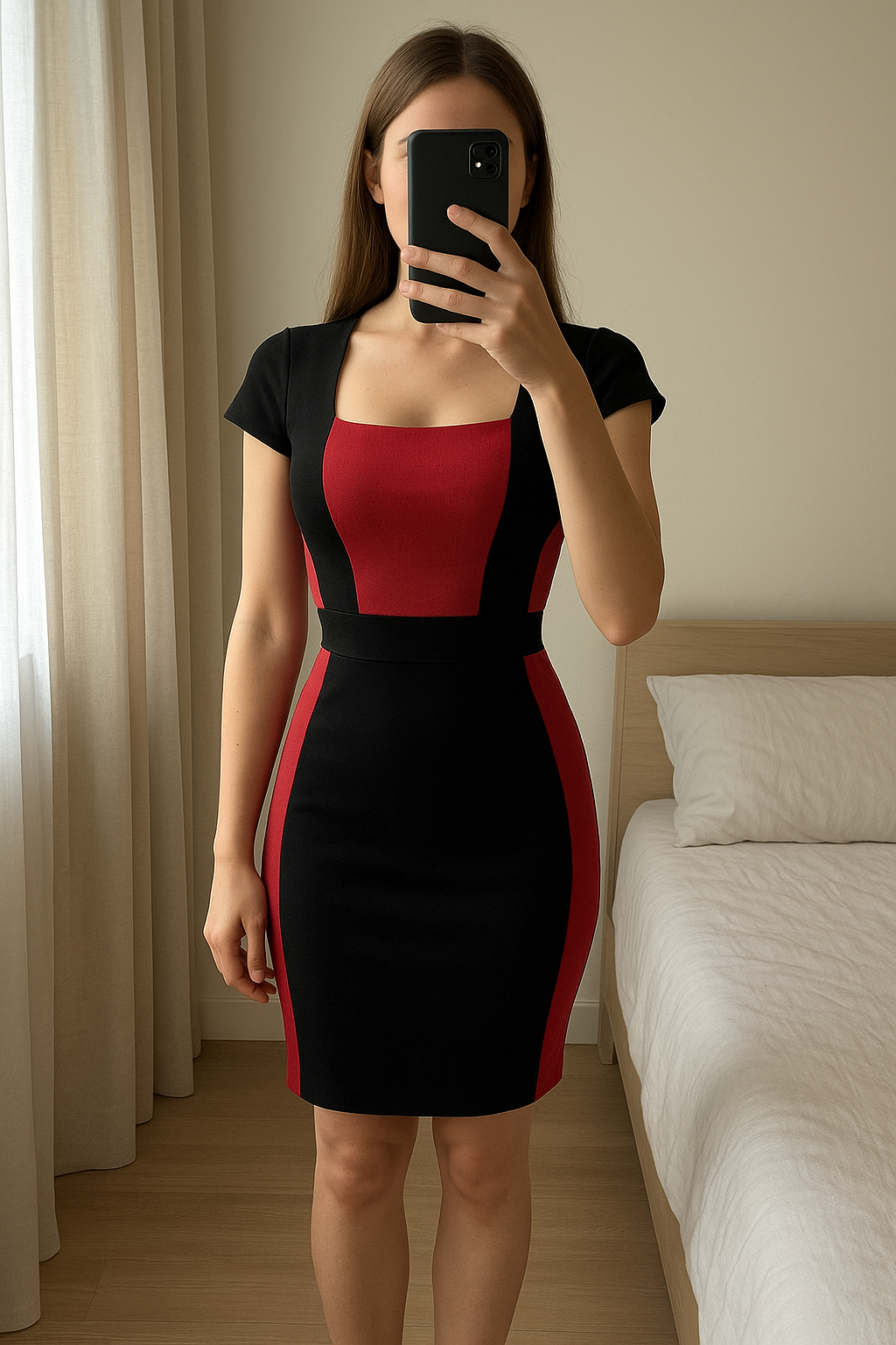 Robe Bershka L prix mini sexy noir et rose debout, face à la caméra, dans une chambre à la lumière douce, avec une lumière naturelle filtrant par la fenêtre.