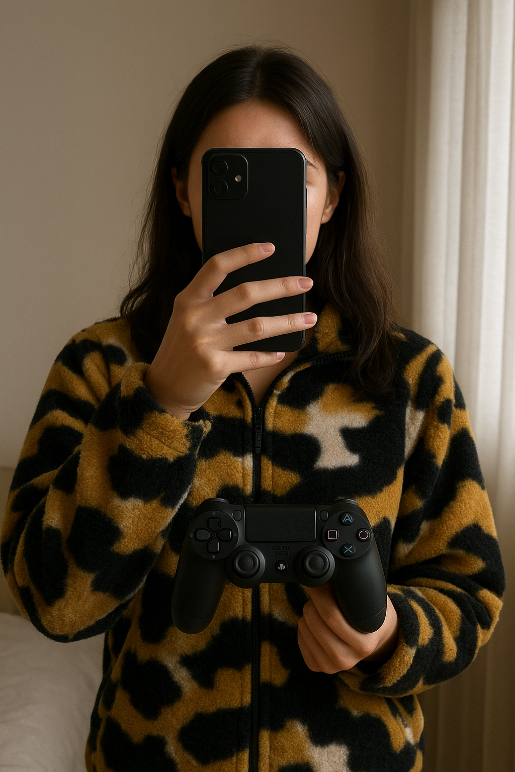 Manette ps4 très bonne état prix abordable. debout, face à la caméra, dans une chambre à la lumière douce, avec une lumière naturelle filtrant par la fenêtre.