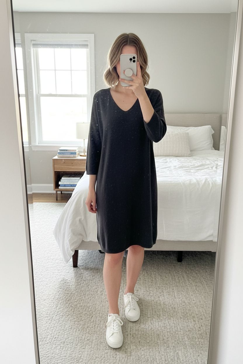 Robe femme marron Zara taille L debout, face à la caméra, dans une chambre à la lumière douce, avec une lumière naturelle filtrant par la fenêtre.