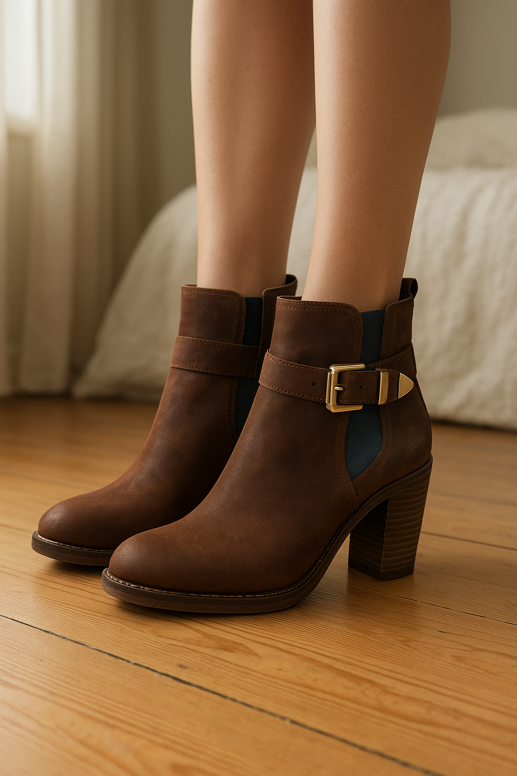 Boots Andala de chez san Marina debout, face à la caméra, dans une chambre à la lumière douce, avec une lumière naturelle filtrant par la fenêtre.