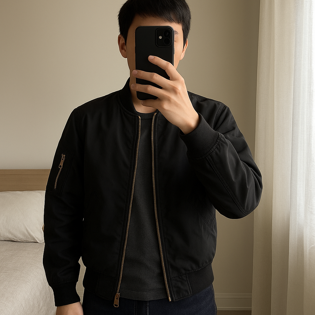 Blouson bomber Firefly 8 ans noir doublure matelassée bordeaux debout, face à la caméra, dans une chambre à la lumière douce, avec une lumière naturelle filtrant par la fenêtre.