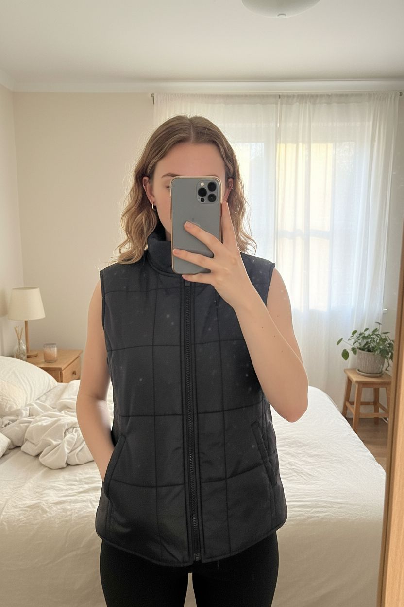 Vintage Hobbs Gilet Bodywarmer Black Quilted Vest UK12 Country Style Dog Walking standing straight facing the camera, in a softly lit bedroom setting, with gentle natural light filtering through a window.