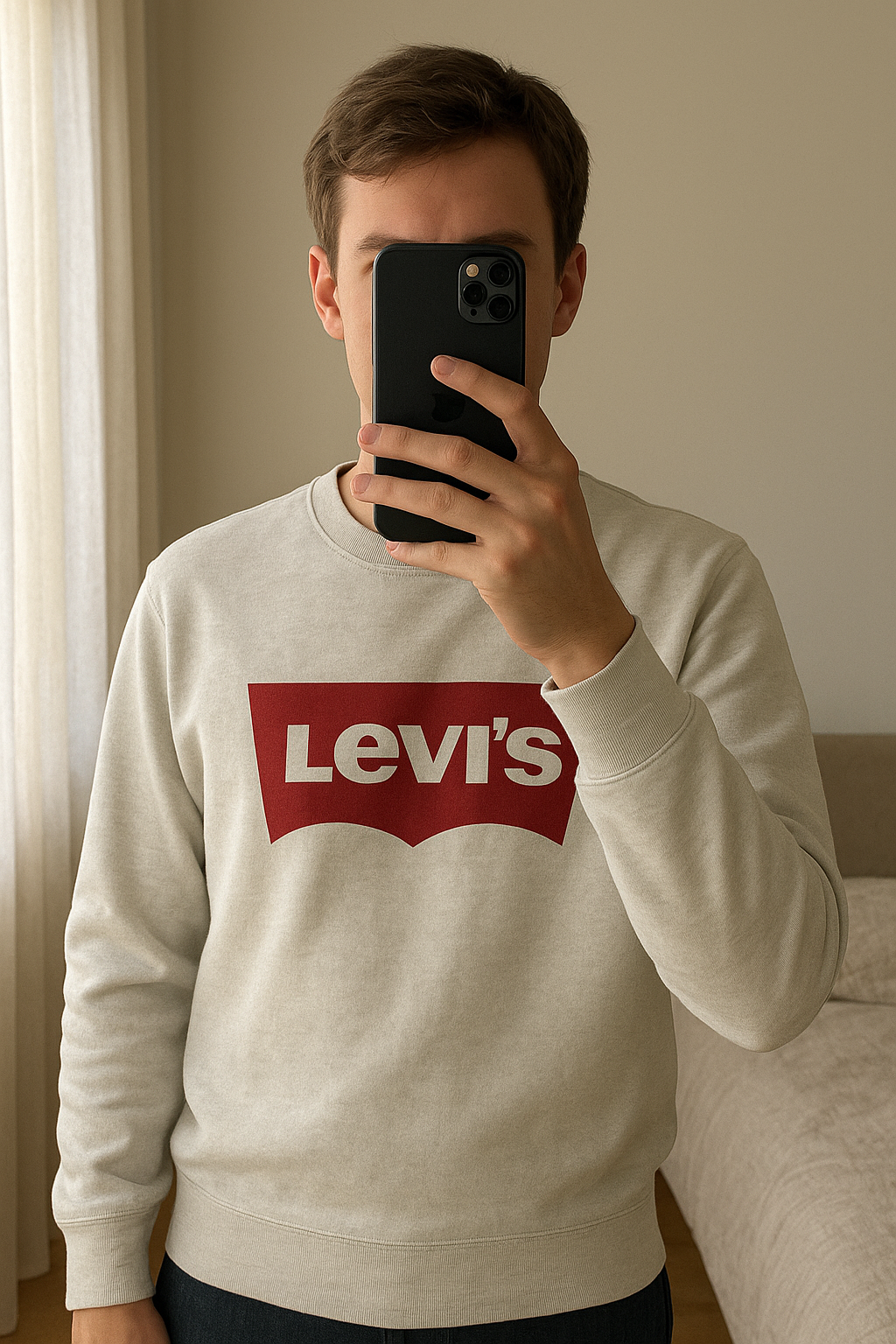 Felpa Levi’s classica buone condizioni in piedi, rivolto verso la fotocamera, in una camera da letto con luce soffusa e luce naturale che filtra dalla finestra.