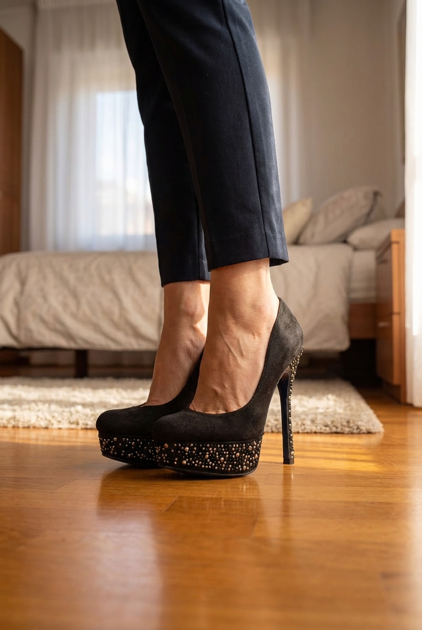 Scarpa tacco alto con plateau e paillettes - marca Cinti - 39 in piedi, rivolto verso la fotocamera, in una camera da letto con luce soffusa e luce naturale che filtra dalla finestra.