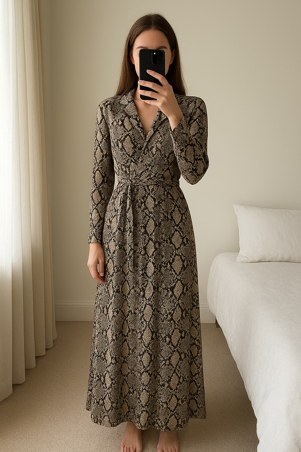 Snake skin pattern long sleeved jumpsuit standing straight facing the camera, in a softly lit bedroom setting, with gentle natural light filtering through a window.
