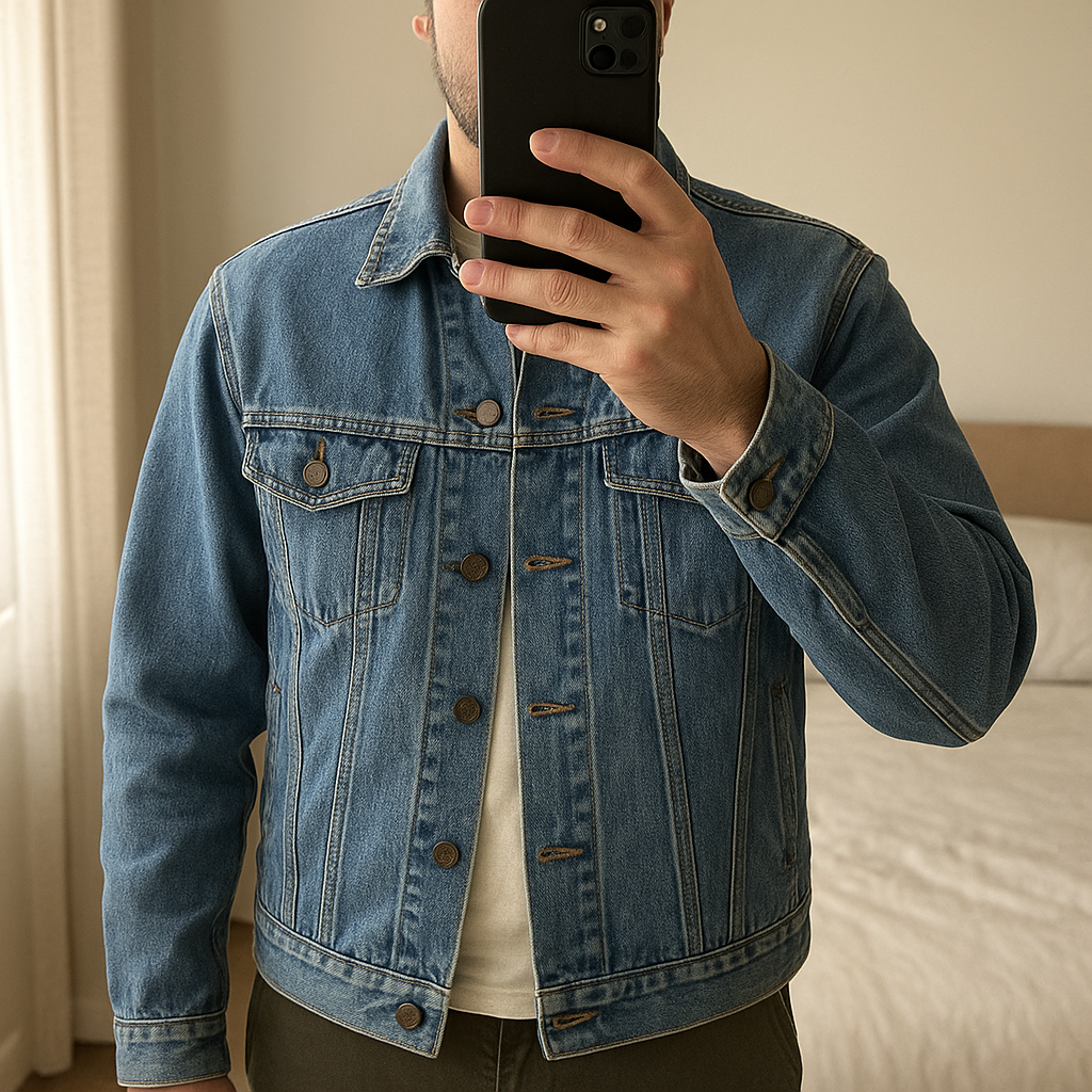 Veste en jean Lee vintage – Taille XL debout, face à la caméra, dans une chambre à la lumière douce, avec une lumière naturelle filtrant par la fenêtre.