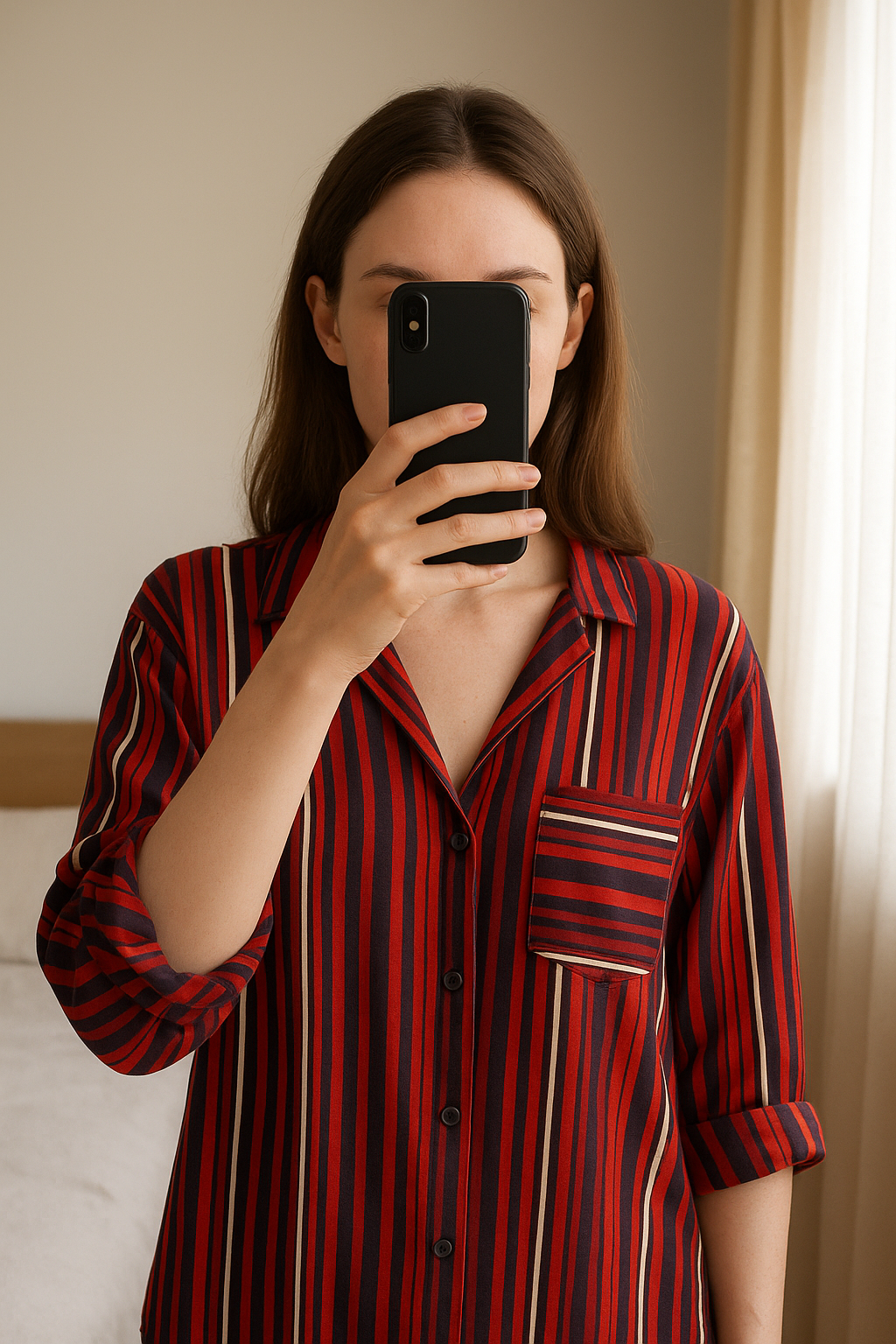 Chemise rayée debout, face à la caméra, dans une chambre à la lumière douce, avec une lumière naturelle filtrant par la fenêtre.