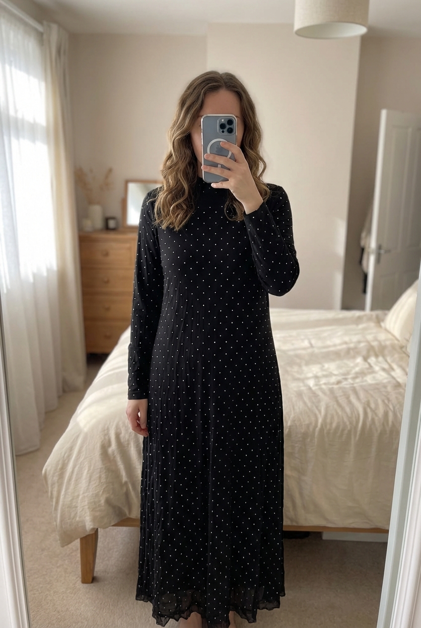 Mint Velvet - black studded size 16 long dress standing straight facing the camera, in a softly lit bedroom setting, with gentle natural light filtering through a window.
