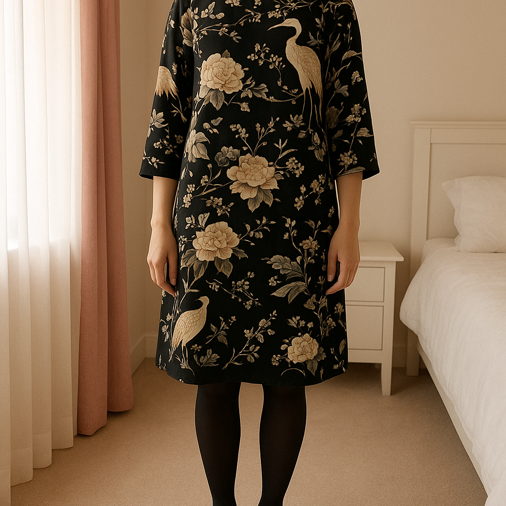 Robe motifs oiseaux et fleurs Morgan debout, face à la caméra, dans une chambre à la lumière douce, avec une lumière naturelle filtrant par la fenêtre.