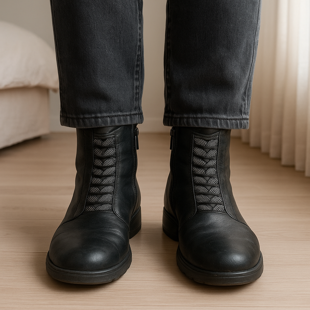 Botas de boa qualidade usadas muitas vezes em pé, de frente para a câmera, em um quarto com iluminação suave e luz natural filtrando pela janela.