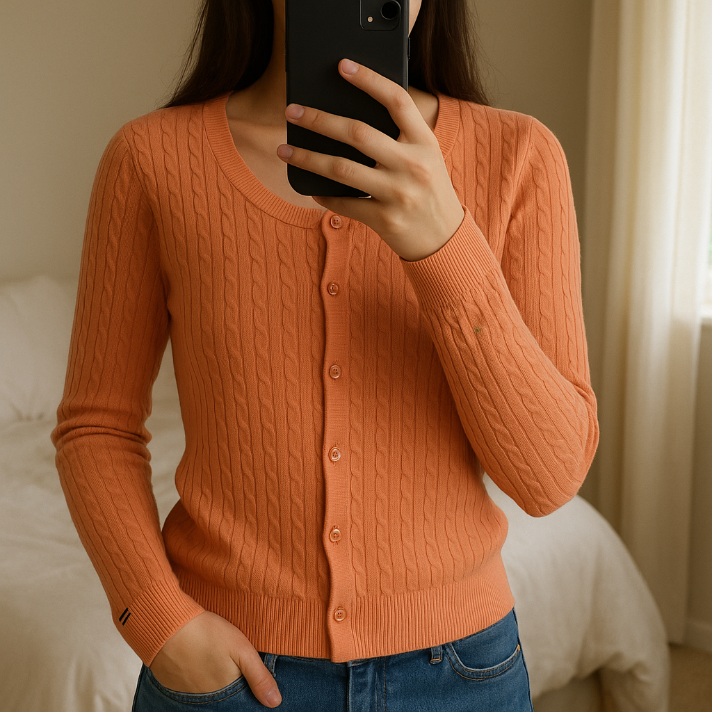 Cardigan Torsadé 100% Pima cotton Tommy Hilfiger Orange XL debout, face à la caméra, dans une chambre à la lumière douce, avec une lumière naturelle filtrant par la fenêtre.