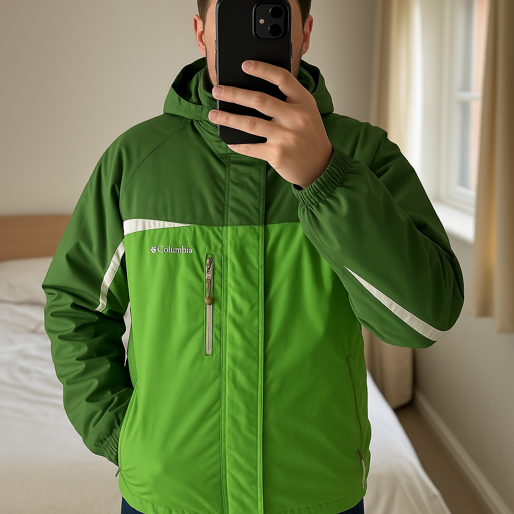 Dare2Be Green/White Padded Stormproof Ski Snowboard Men's Hooded Coat - XL standing straight facing the camera, in a softly lit bedroom setting, with gentle natural light filtering through a window.
