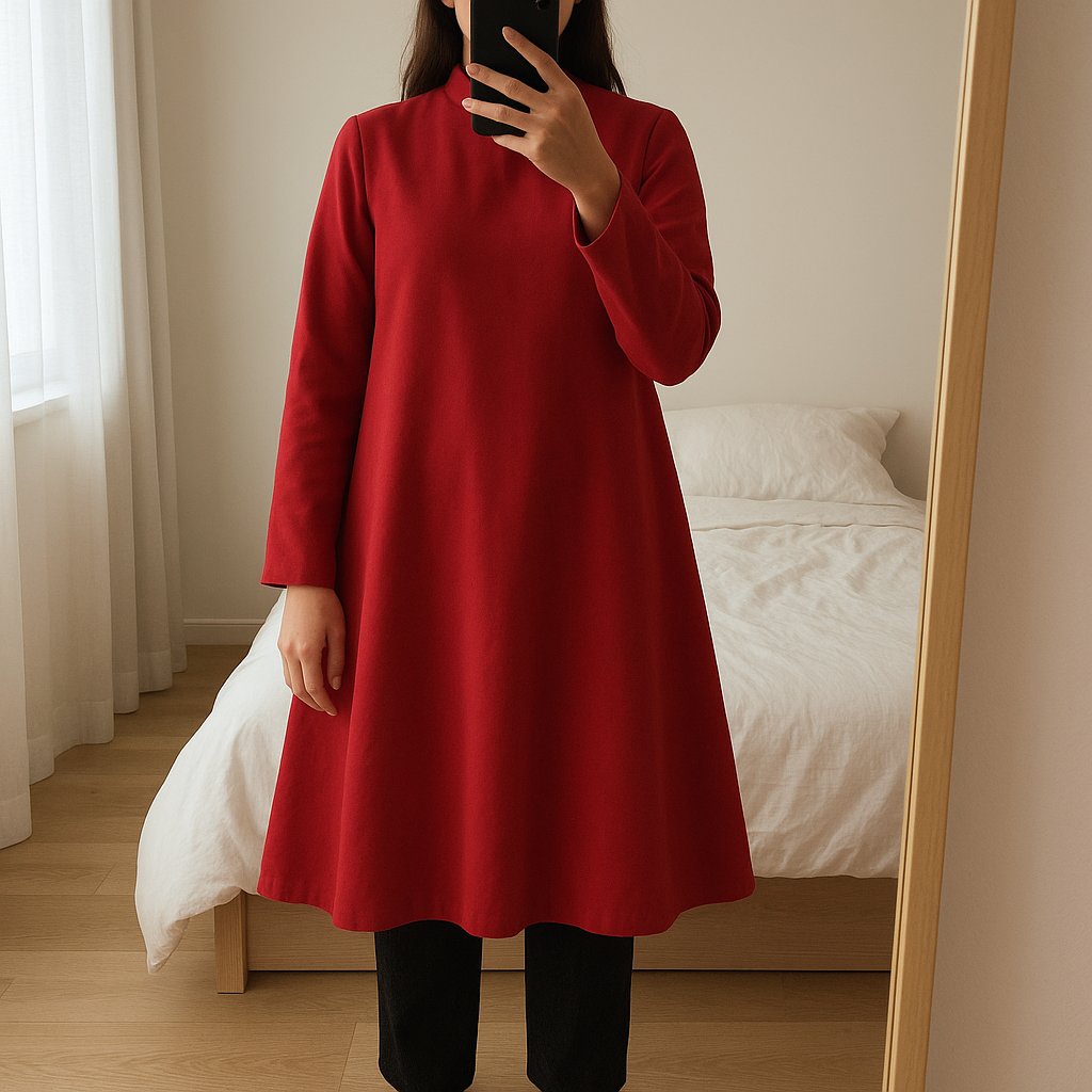 Robe d hiver Taille S Pepe Runa debout, face à la caméra, dans une chambre à la lumière douce, avec une lumière naturelle filtrant par la fenêtre.